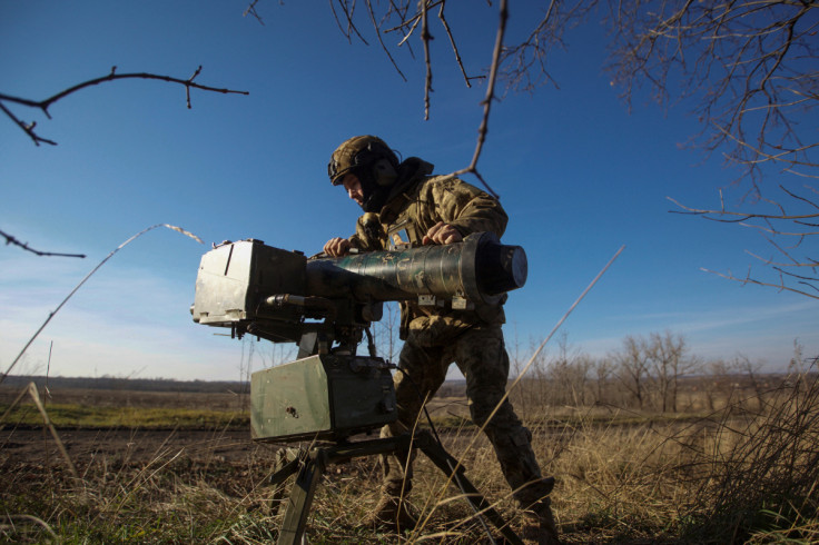 Ukrainian serviceman sets up a Stugna-P anti-tank guided missile launcher in a frontline in Donetsk region