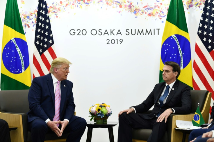 Brazil's then President Jair Bolsonaro meets with then US President Donald Trump on the sidelines of the G20 Summit in Osaka on June 28, 2019