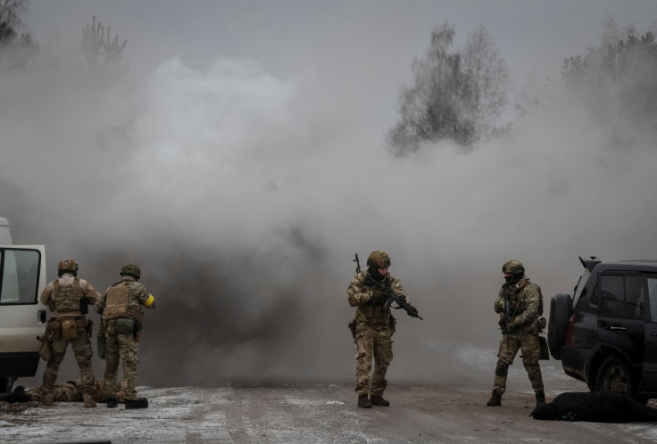Ukrainian servicemen attend a joint drills near the border with Belarus