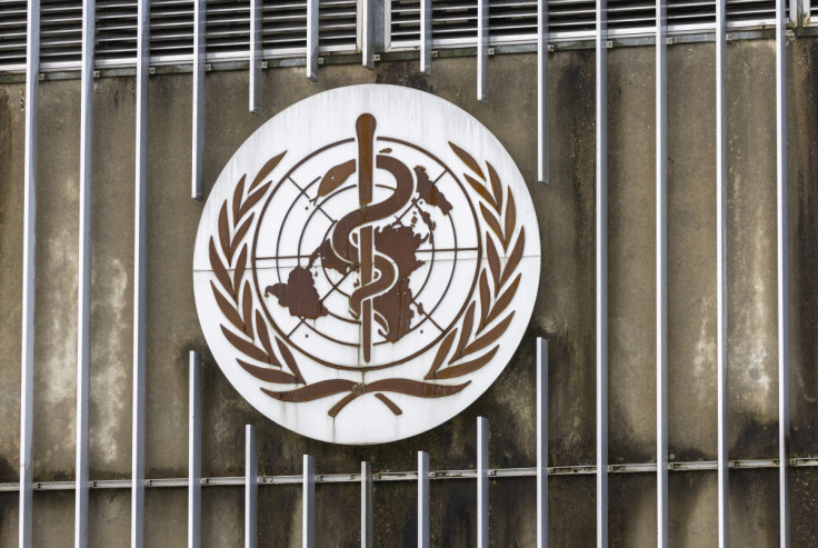 A logo is pictured at the WHO in Geneva