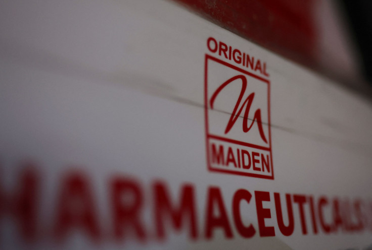 Logo of the Maiden Pharmaceuticals Ltd. company is seen on a board put up outside their office in New Delhi,