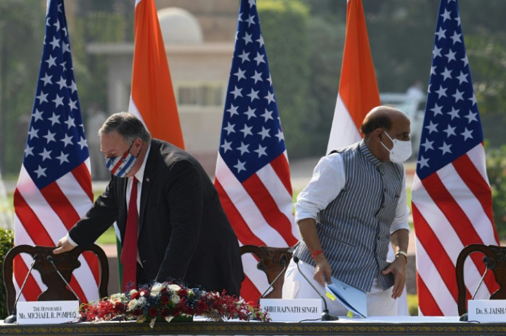 Then US secretary of state Mike Pompeo and India's Defense Minister Rajnath Singh leave after addressing a joint press briefing in New Delhi on October 27, 2020