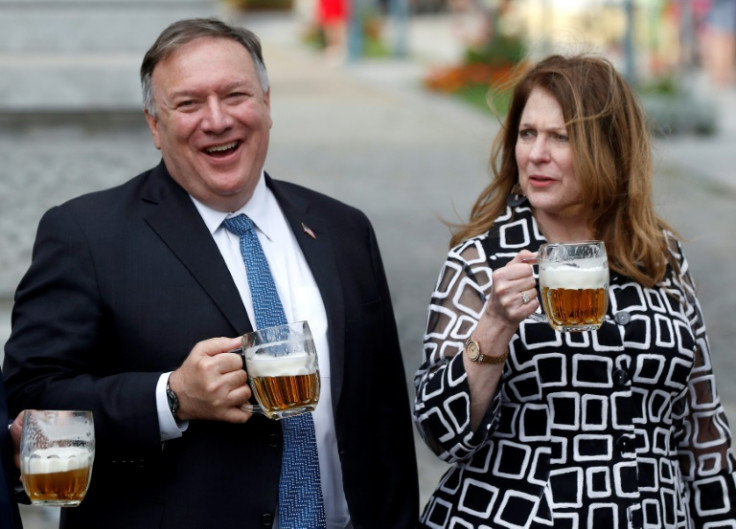 Then US secretary of state Mike Pompeo enjoys a beer with his wife in the Czech Republicon August 11, 2020