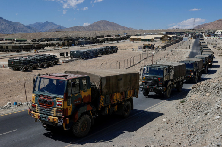 Military trucks carrying supplies move towards forward areas in the Ladakh region