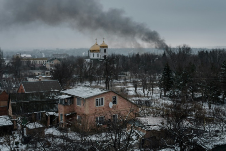 Black smoke rises after shelling in Bakhmut on February 3, 2023, amid the Russian invasion of Ukraine