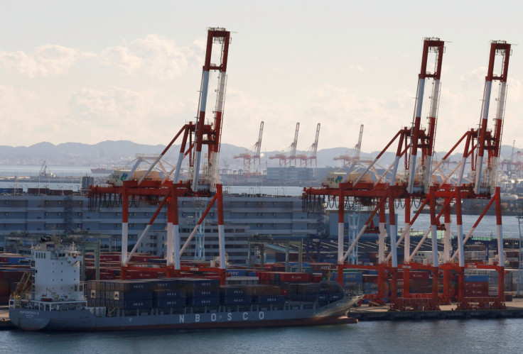 Containers are seen at an industrial port in Yokohama