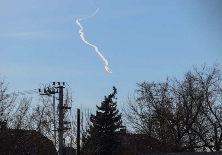 A missile trace is seen in a sky near Kyiv
