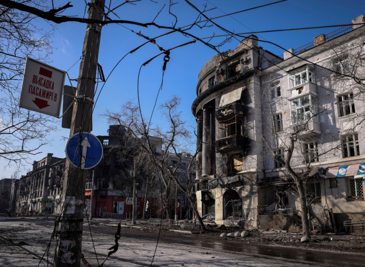 A general view shows an apartment building damaged by a Russian military strike in the frontline city of Bakhmut