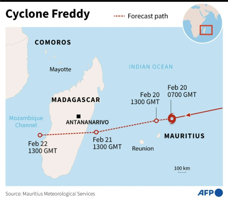 Graphic showing the forecast path of Cyclone Freddy, which is heading towards Mauritius.