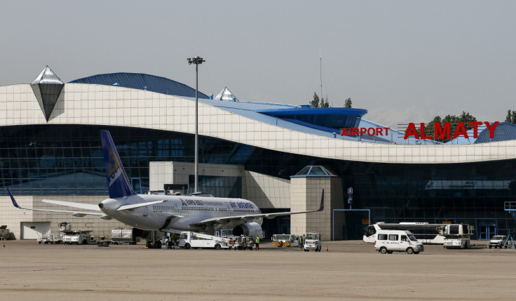 An Air Astana plane is seen on the tarmac next to the terminal of Almaty International Airport, Kazakhstan