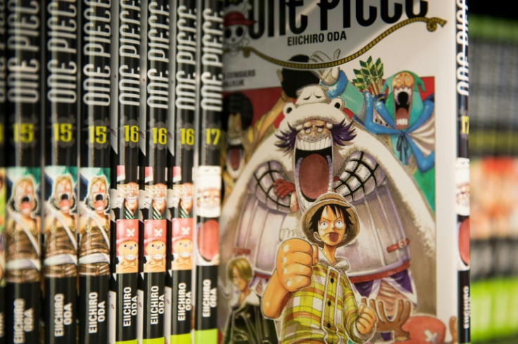 "One piece" comic books by author Eiichiro Oda are displayed at the Paris Book Fair 2019