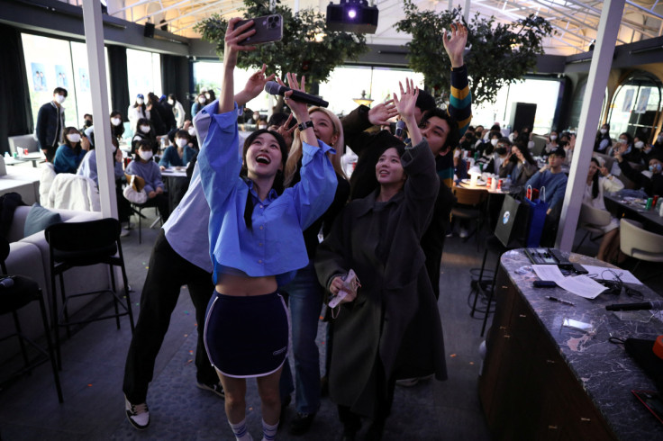 Jo Yoong-jae and Choi Seo-eun, participants in Single's Inferno 2, attend a fan meeting event, in Seoul