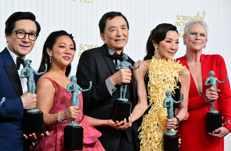 The powerhouse cast of "Everything Everywhere All at Once" at the Screen Actors Guild awards, where they won the prize for best cast (L-R): Ke Huy Quan, Stephanie Hsu, James Hong, Michelle Yeoh and Jamie Lee Curtis