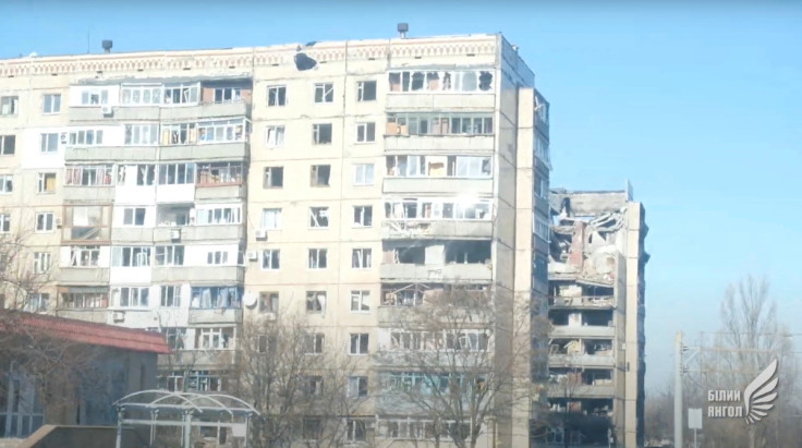 A general view shows damaged buildings in Avdiivka