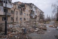 A general view shows a building damaged by a Russian military strike in Bakhmut