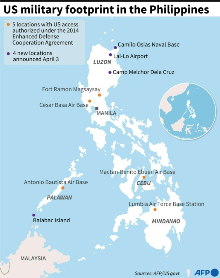 Map locating nine Philippine military bases where the US now have access.