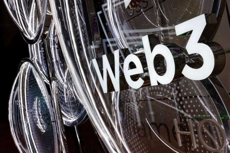 A signage for "Web 3" is seen at Hong Kong Web3 Festival, in Hong Kong