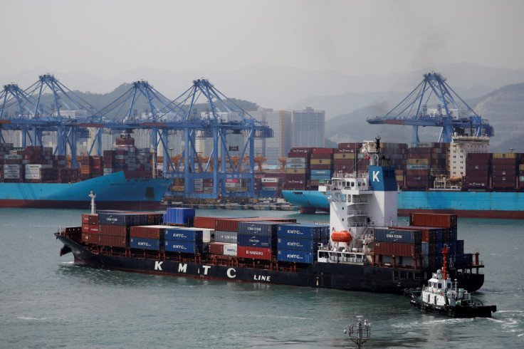 A container ship leaves Pusan Newport Terminal in Busan