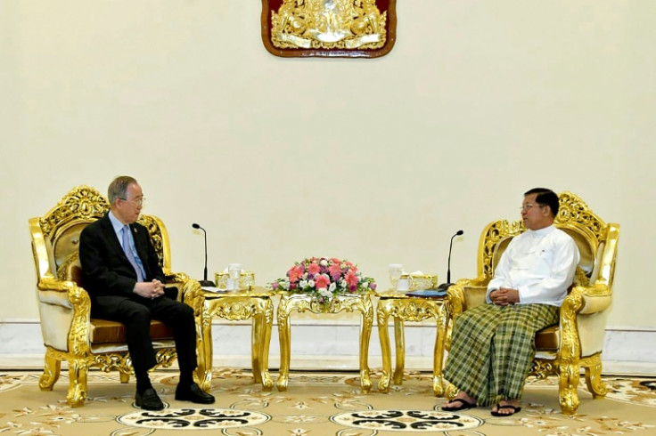 Myanmar junta chief Min Aung Hlaing (R) meets with former United Nations chief Ban Ki-moon (L), in Naypyidaw