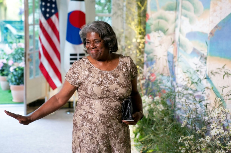 US Ambassador to the UN Linda Thomas-Greenfield, who will hold talks with senior officials in Brazil, arrives for the state dinner in honor of South Korean President Yoon Suk Yeol at the White House on April 26, 2023
