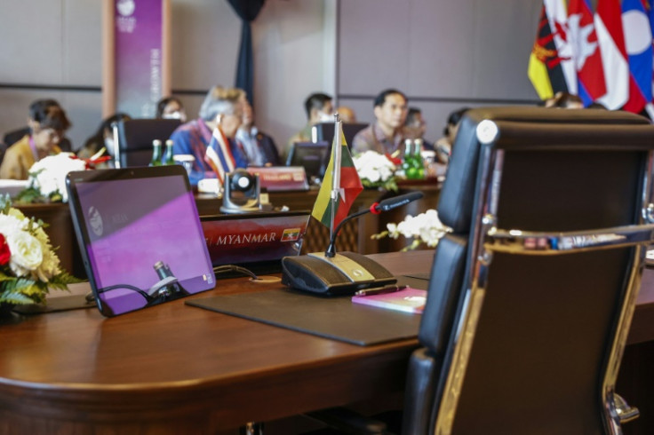 The chair for the Myanmar delegation sits vacant at the ASEAN foreign ministers' meeting in Labuan Bajo on Tuesday