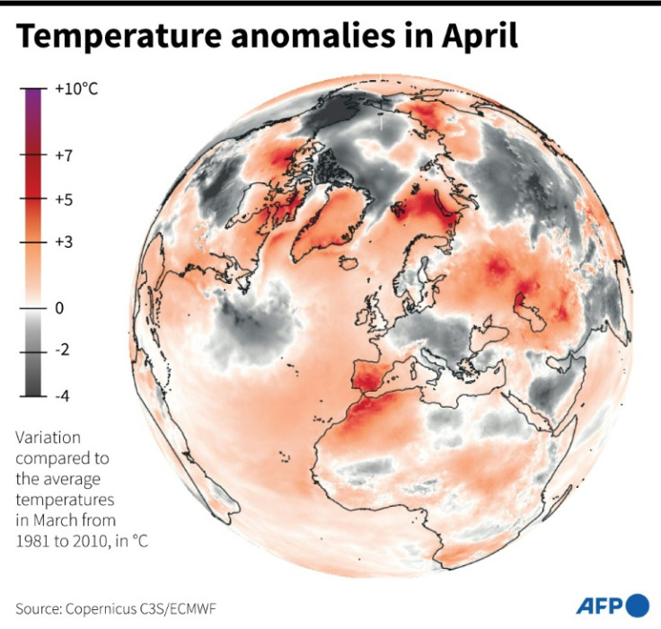 Globe showing temperature anomalies recorded in April 2023