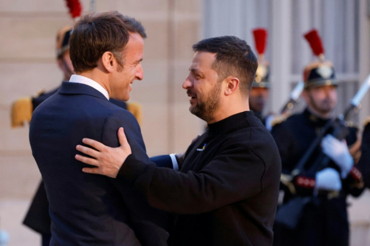 Ukraine's President Volodymyr Zelensky  is welcomed by France's President Emmanuel Macron in Paris