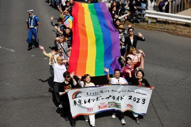 Participants march during the Tokyo Rainbow Pride parade, celebrating advances in LGBTQ rights and calling for marriage equality, in Tokyo
