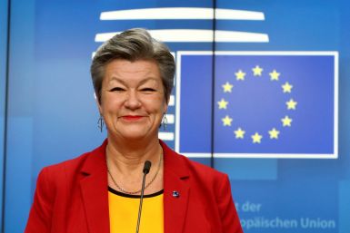 European Commissioner for Home Affairs Ylva Johansson holds a press conference after a EU Interior ministers video conference in Brussels